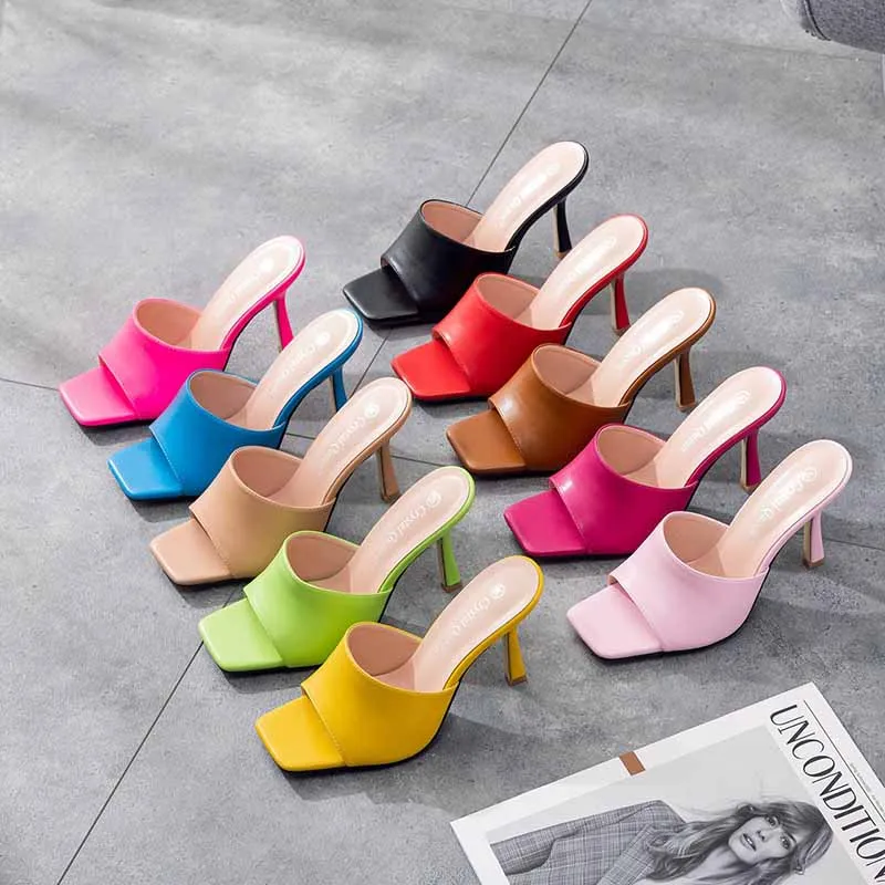 3.54" Square Open Toe Heeled Sandals Slippers Peep Toe Slippers