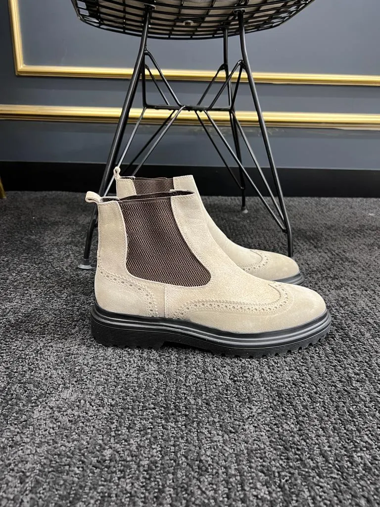 Beige Suede Wingtip Chelsea Boots for Men | GentWith.com