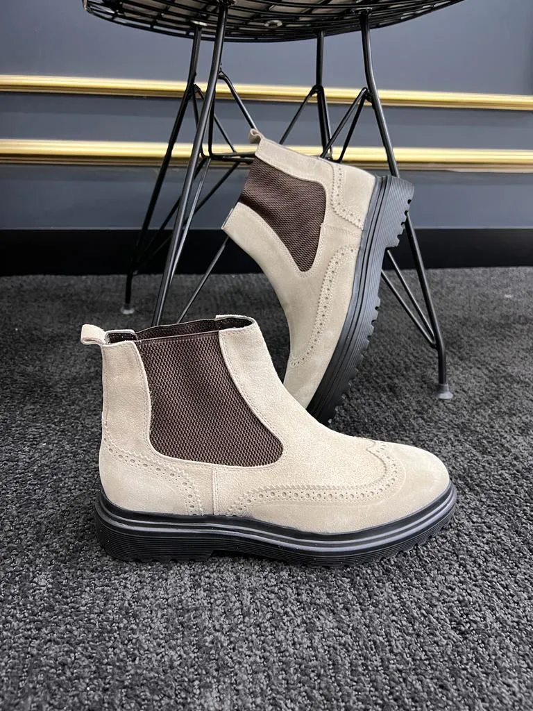 Beige Suede Wingtip Chelsea Boots for Men | GentWith.com