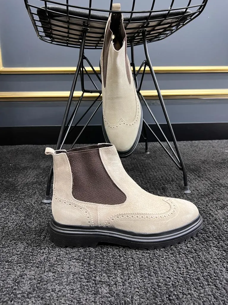 Beige Suede Wingtip Chelsea Boots for Men | GentWith.com