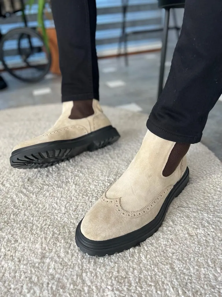 Beige Wing Tip Suede Chelsea Boots for Men by GentWith.com