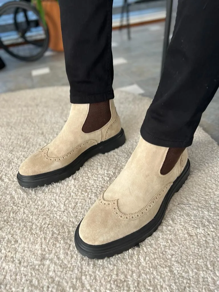 Beige Wing Tip Suede Chelsea Boots for Men by GentWith.com