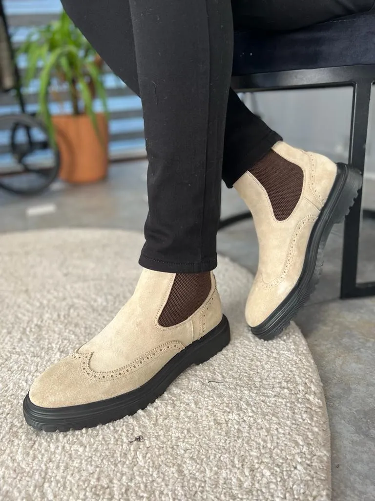 Beige Wing Tip Suede Chelsea Boots for Men by GentWith.com