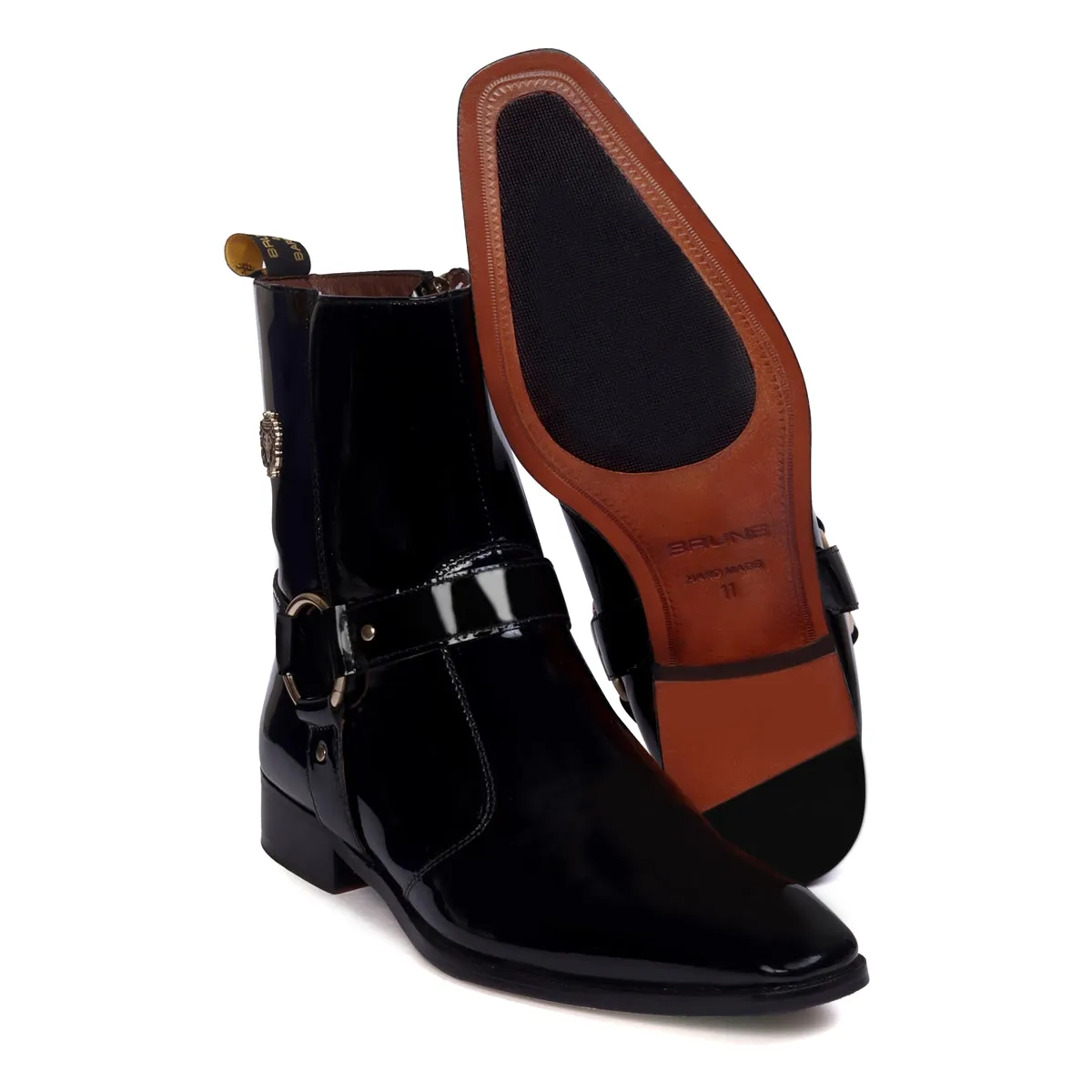 Bespoke Lion Black Patent Stylish Buckle Strap Side Zipper Chelsea Boots With Leather Sole by Brune & Bareskin