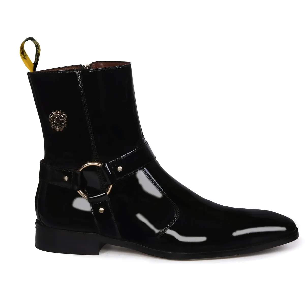 Bespoke Lion Black Patent Stylish Buckle Strap Side Zipper Chelsea Boots With Leather Sole by Brune & Bareskin