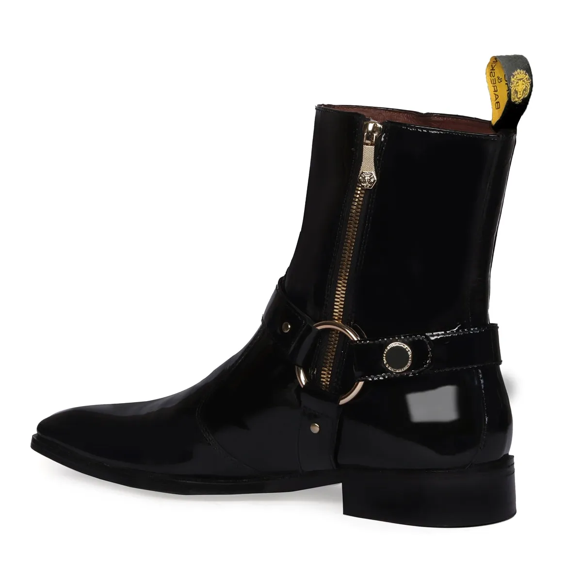 Bespoke Lion Black Patent Stylish Buckle Strap Side Zipper Chelsea Boots With Leather Sole by Brune & Bareskin