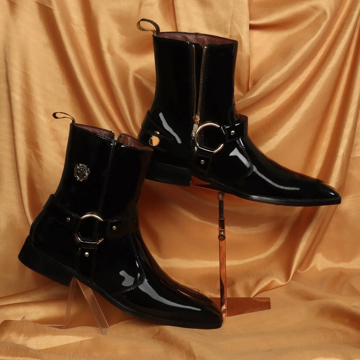 Bespoke Lion Black Patent Stylish Buckle Strap Side Zipper Chelsea Boots With Leather Sole by Brune & Bareskin