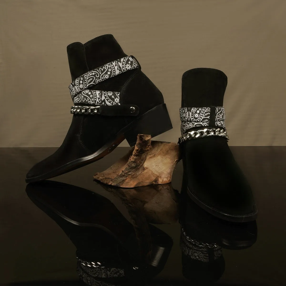 Black Chelsea Cuban Heel Boot in Suede Leather with Bandana Wrap Around Buckle Strap by Brune & Bareskin