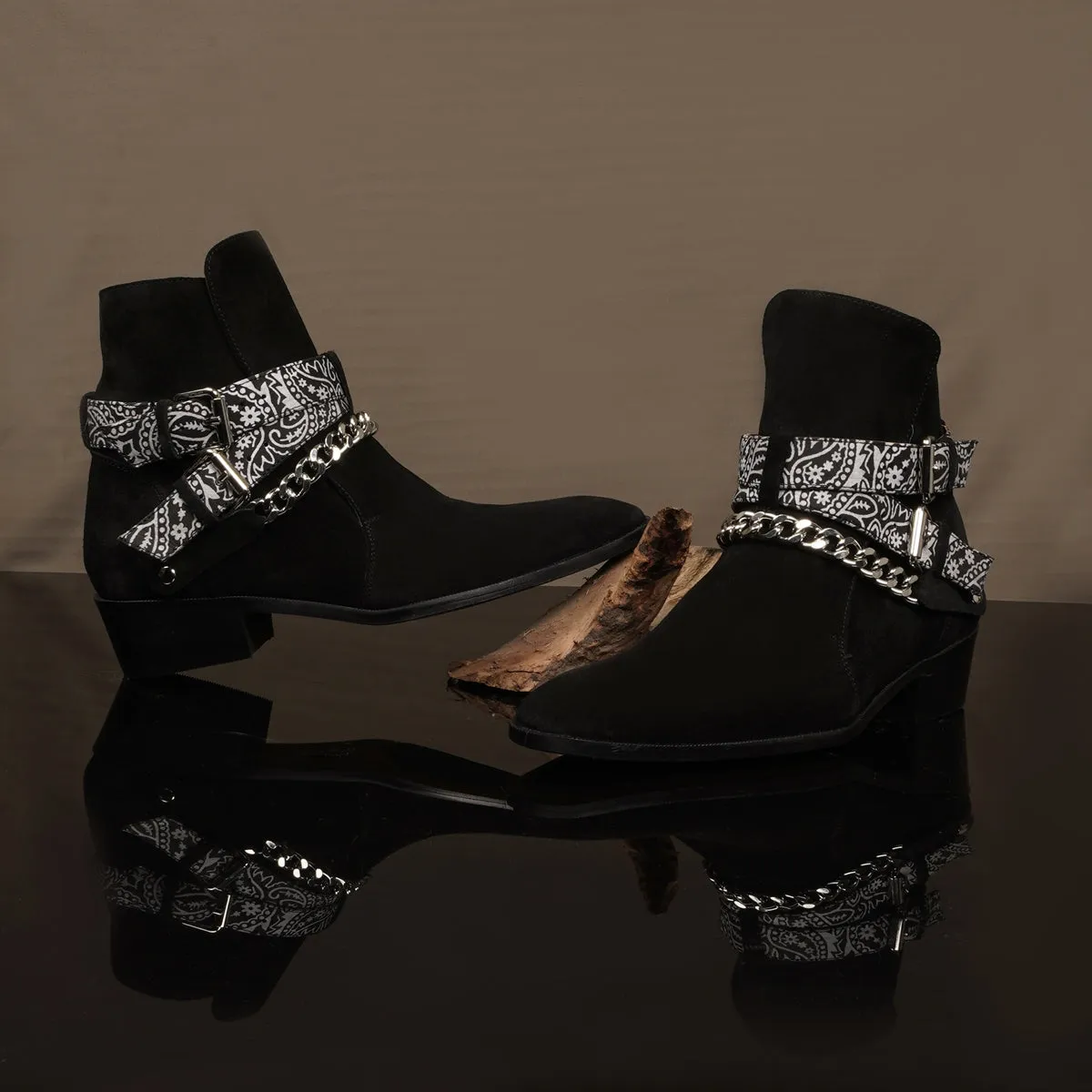 Black Chelsea Cuban Heel Boot in Suede Leather with Bandana Wrap Around Buckle Strap by Brune & Bareskin