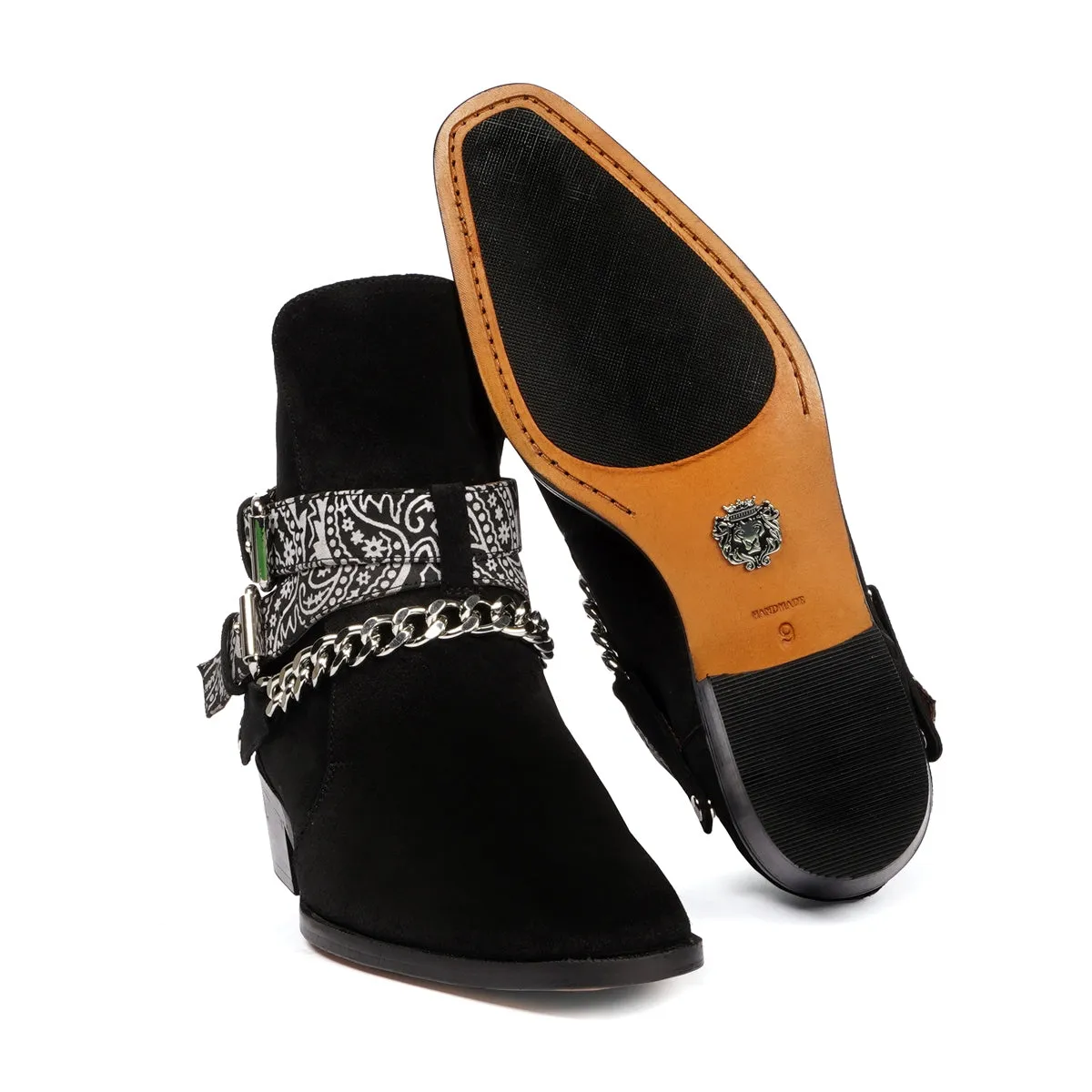 Black Chelsea Cuban Heel Boot in Suede Leather with Bandana Wrap Around Buckle Strap by Brune & Bareskin