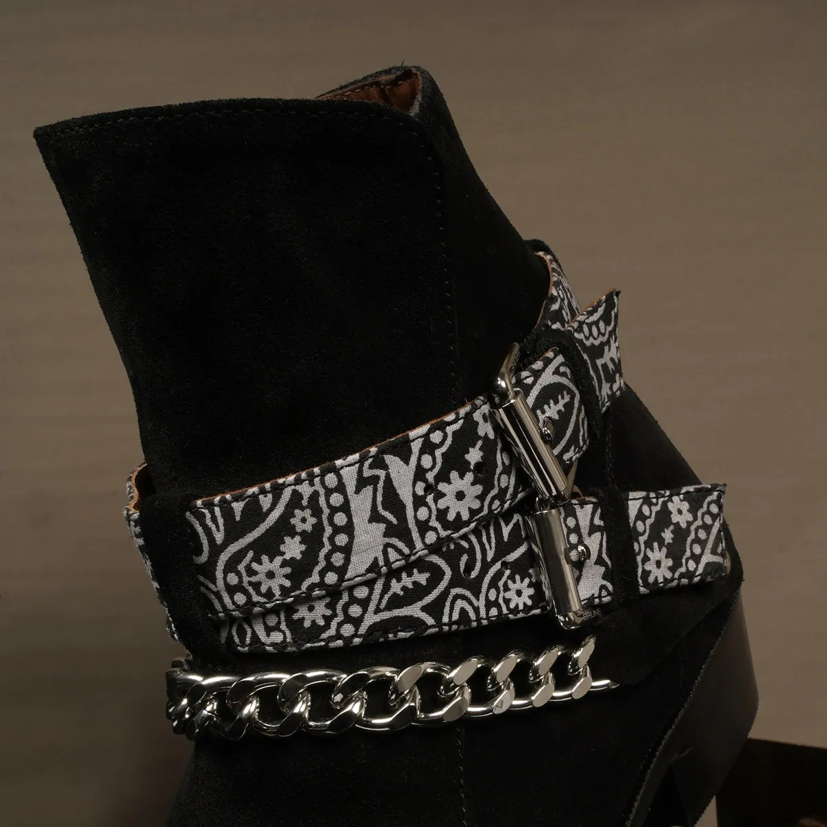 Black Chelsea Cuban Heel Boot in Suede Leather with Bandana Wrap Around Buckle Strap by Brune & Bareskin