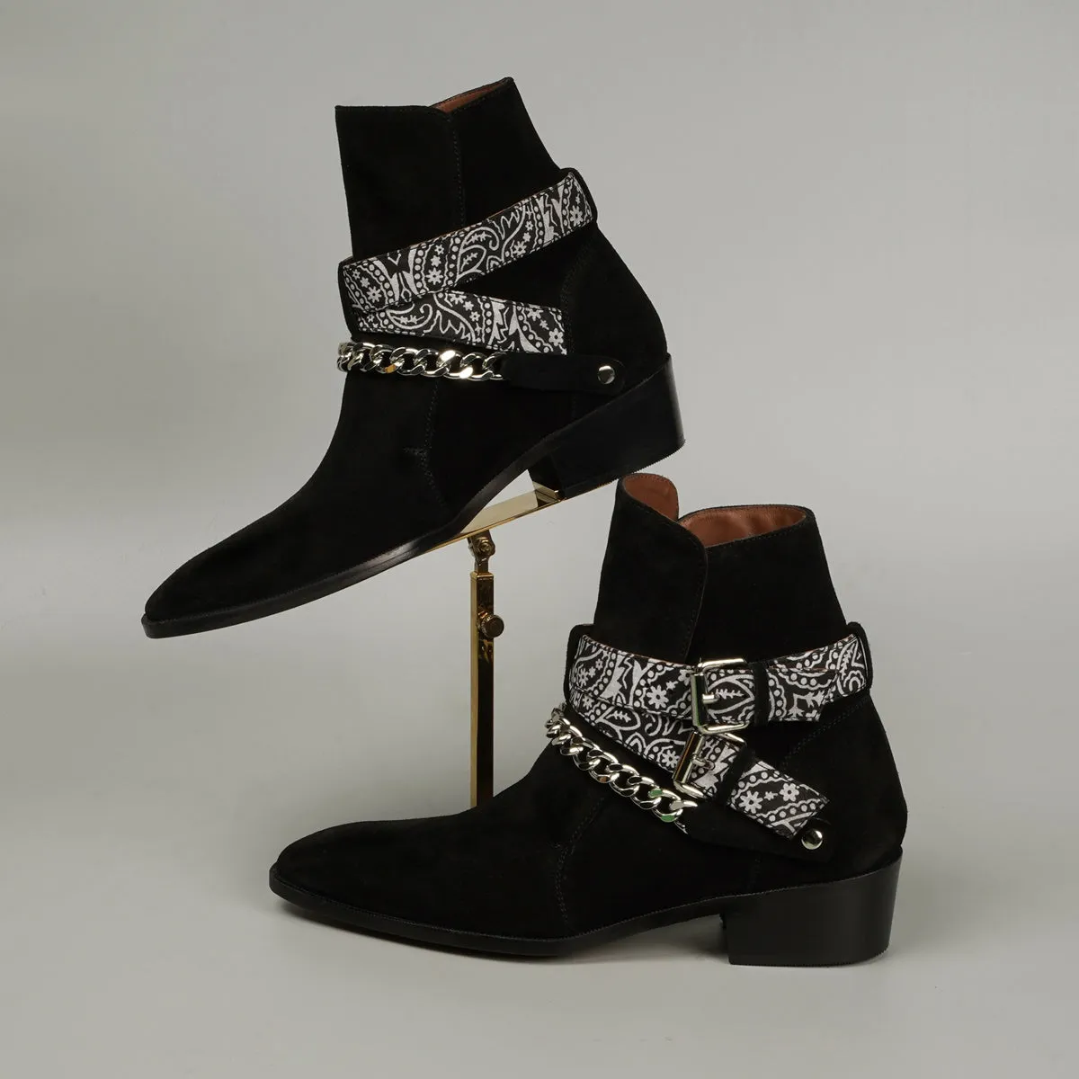 Black Chelsea Cuban Heel Boot in Suede Leather with Bandana Wrap Around Buckle Strap by Brune & Bareskin