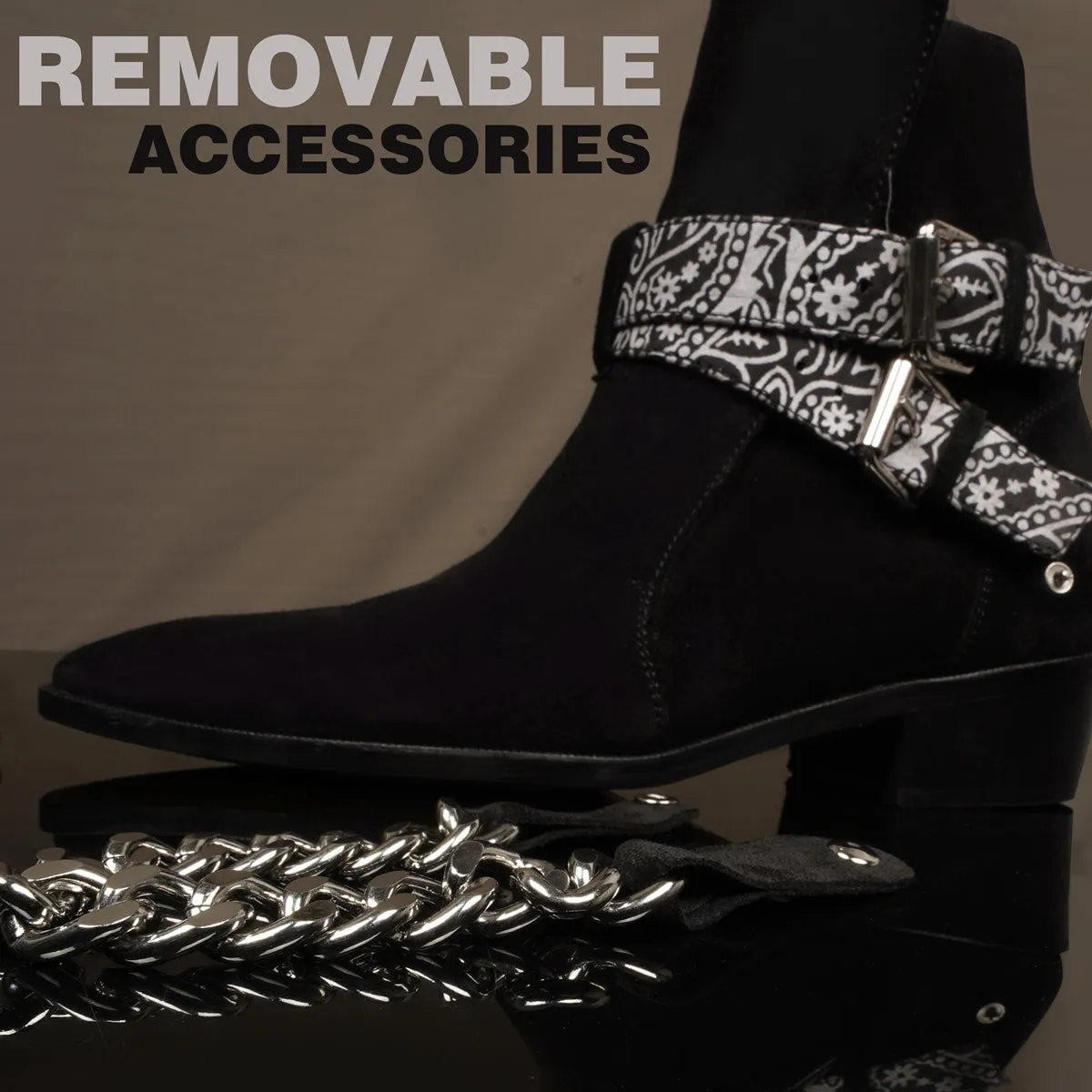 Black Chelsea Cuban Heel Boot in Suede Leather with Bandana Wrap Around Buckle Strap by Brune & Bareskin