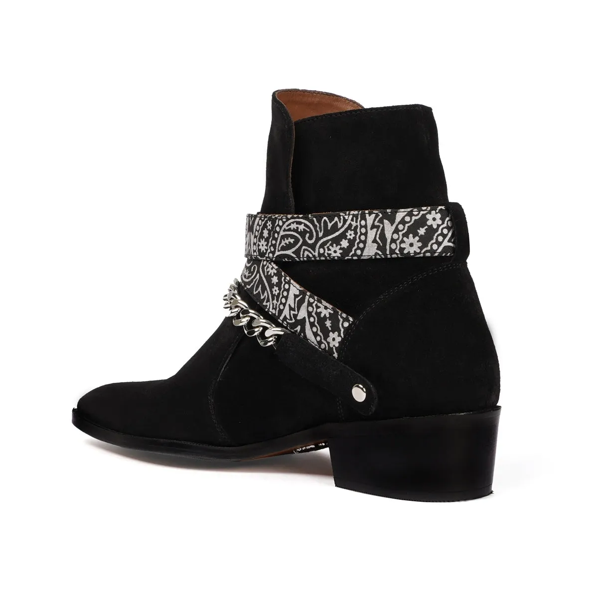 Black Chelsea Cuban Heel Boot in Suede Leather with Bandana Wrap Around Buckle Strap by Brune & Bareskin