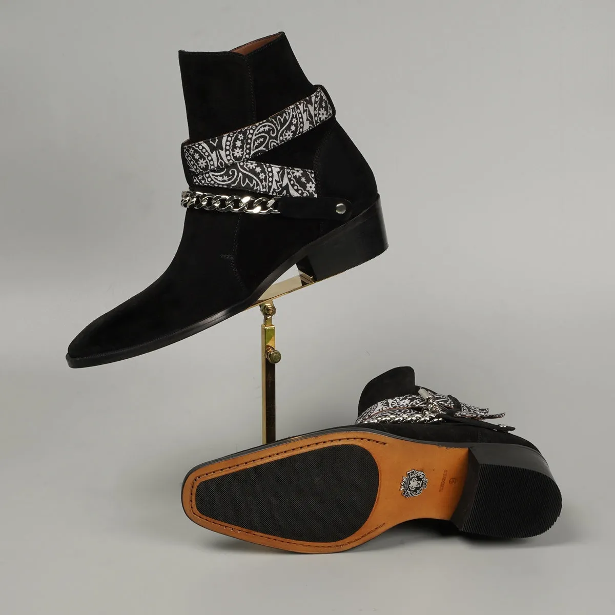 Black Chelsea Cuban Heel Boot in Suede Leather with Bandana Wrap Around Buckle Strap by Brune & Bareskin