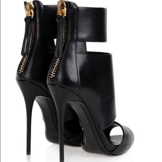 Black Cutout Peep Toe Leather High Heel Sandals