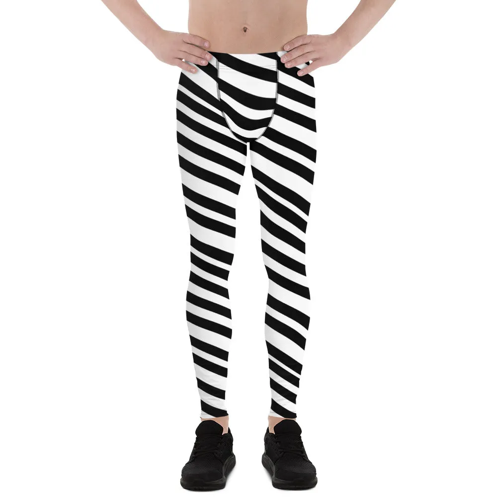 Black White Striped Men's Leggings, Modern Diagonally Stripes Designer Premium Meggings-Made in USA/EU/MX