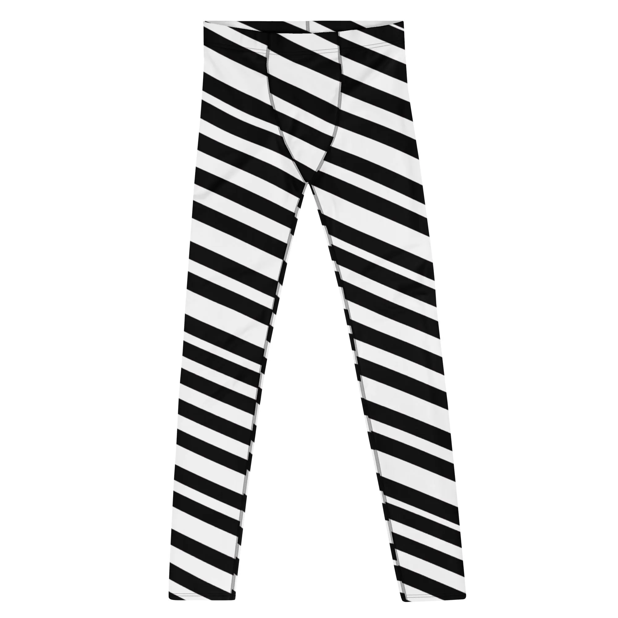 Black White Striped Men's Leggings, Modern Diagonally Stripes Designer Premium Meggings-Made in USA/EU/MX