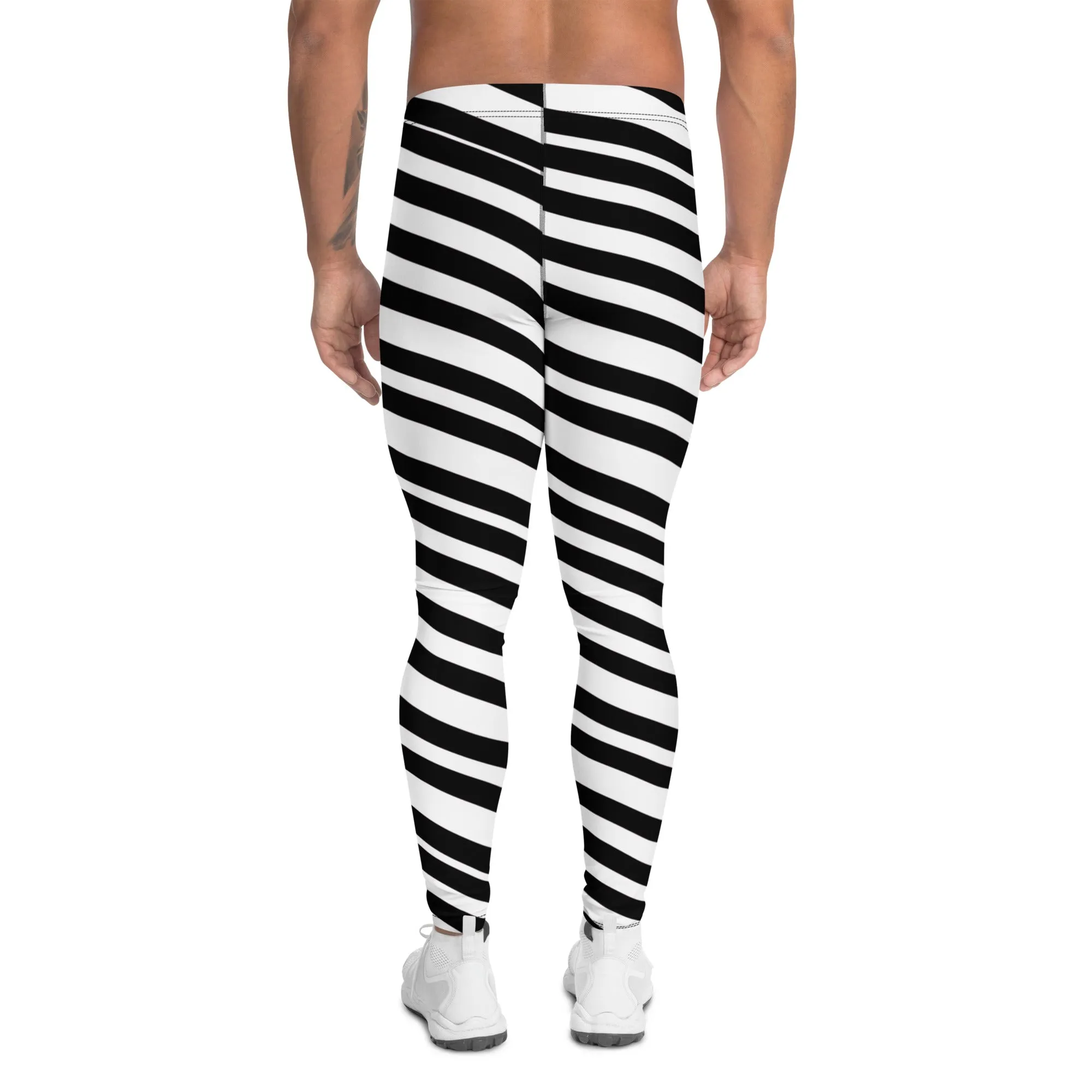 Black White Striped Men's Leggings, Modern Diagonally Stripes Designer Premium Meggings-Made in USA/EU/MX