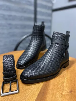 Black Woven Leather Buckle Chelsea Boots for Men by GentWith.com