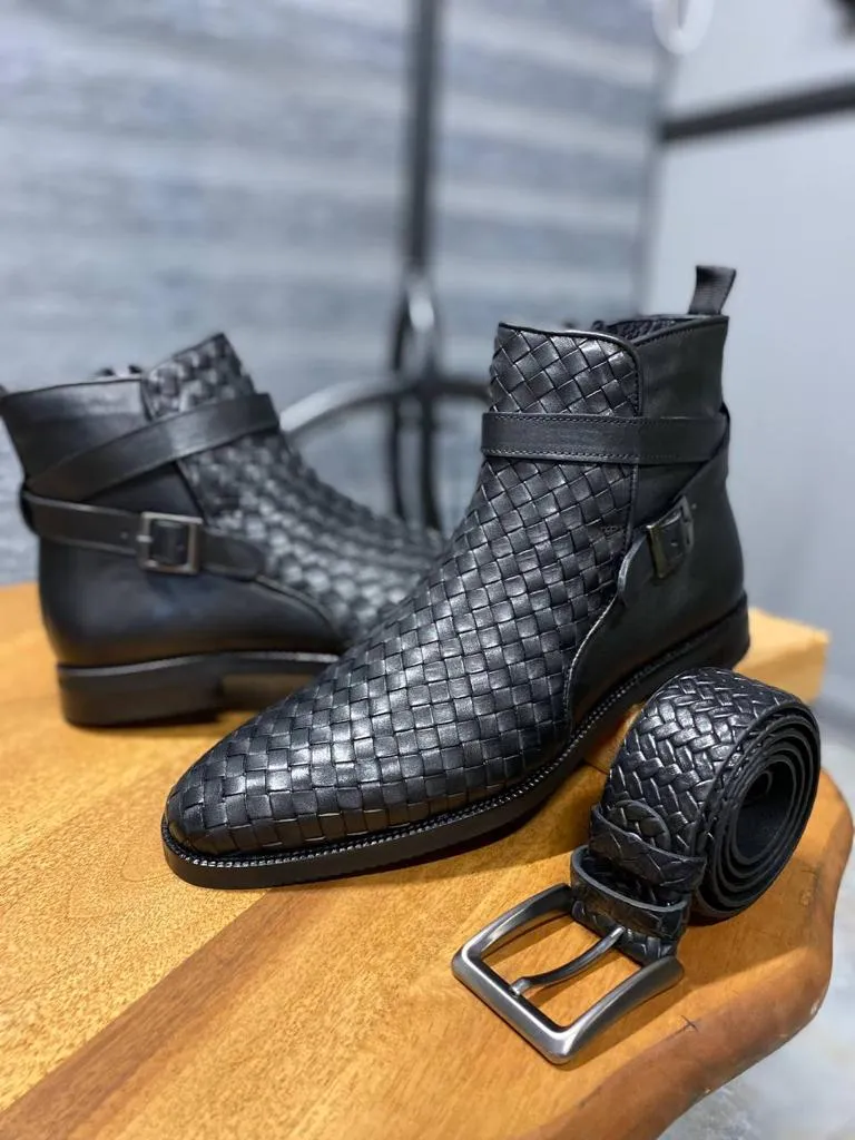 Black Woven Leather Buckle Chelsea Boots for Men by GentWith.com