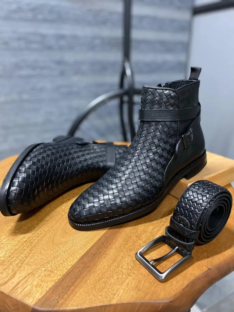 Black Woven Leather Buckle Chelsea Boots for Men by GentWith.com