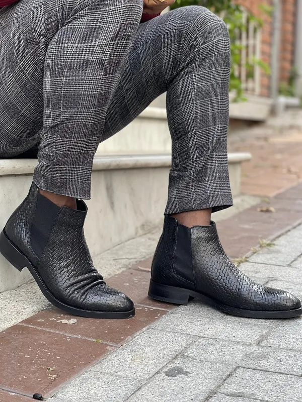 Black Woven Leather Chelsea Boots for Men by GentWith.com