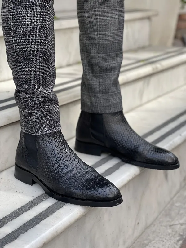 Black Woven Leather Chelsea Boots for Men by GentWith.com