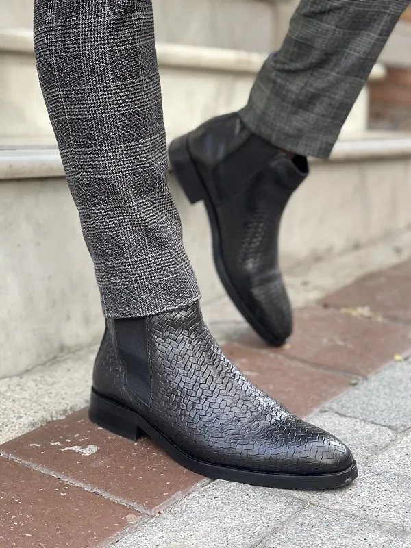 Black Woven Leather Chelsea Boots for Men by GentWith.com