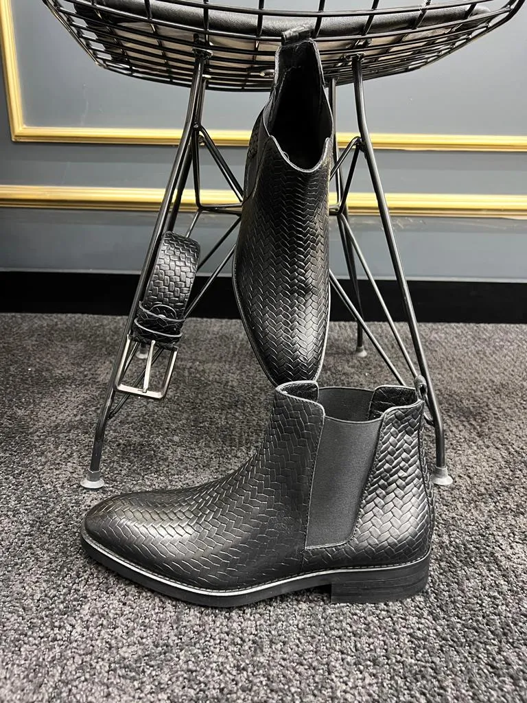 Black Woven Pattern Chelsea Boots for Men | GentWith.com