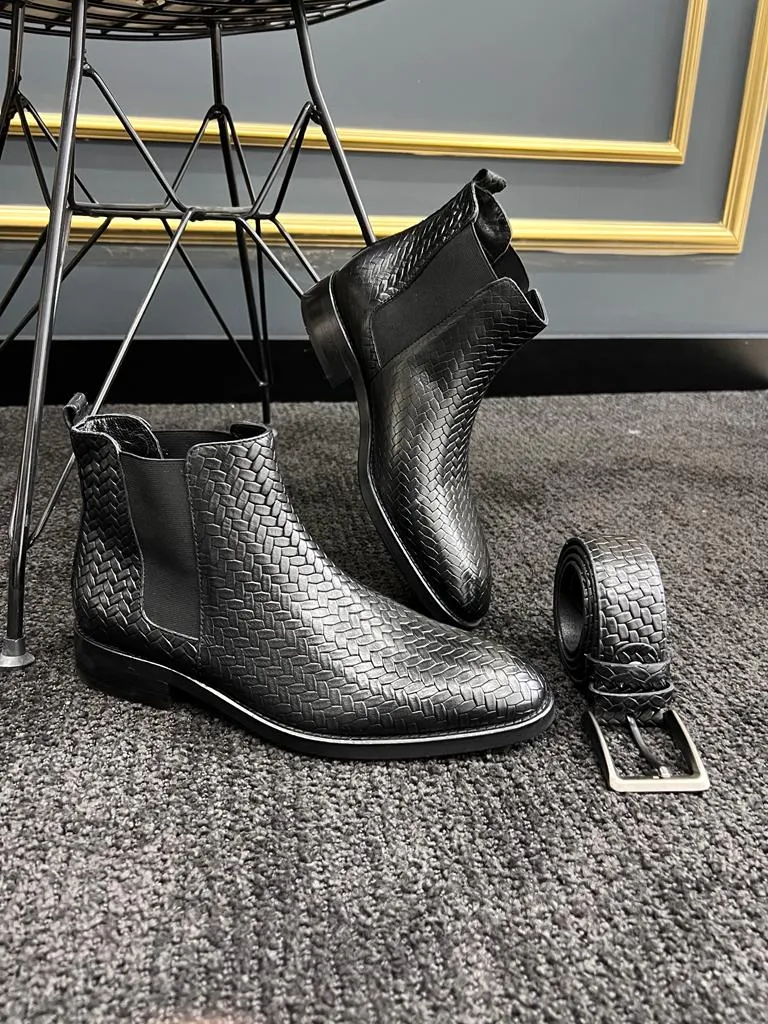 Black Woven Pattern Chelsea Boots for Men | GentWith.com