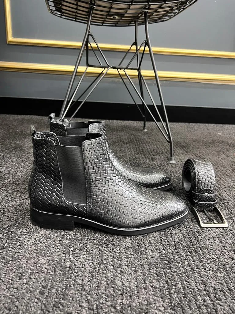 Black Woven Pattern Chelsea Boots for Men | GentWith.com