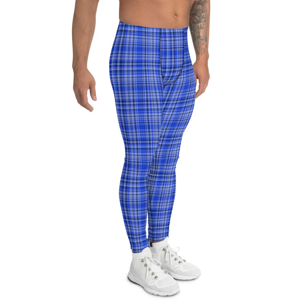 Blue Plaid Print Men's Leggings, Premium Tartan Meggings Run Tights-Made in USA/EU