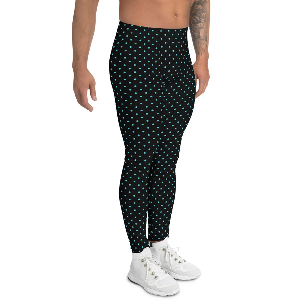 Blue Polka Dots Men's Leggings, Classic Dotted Black Run Tight Meggings-Made in USA/EU