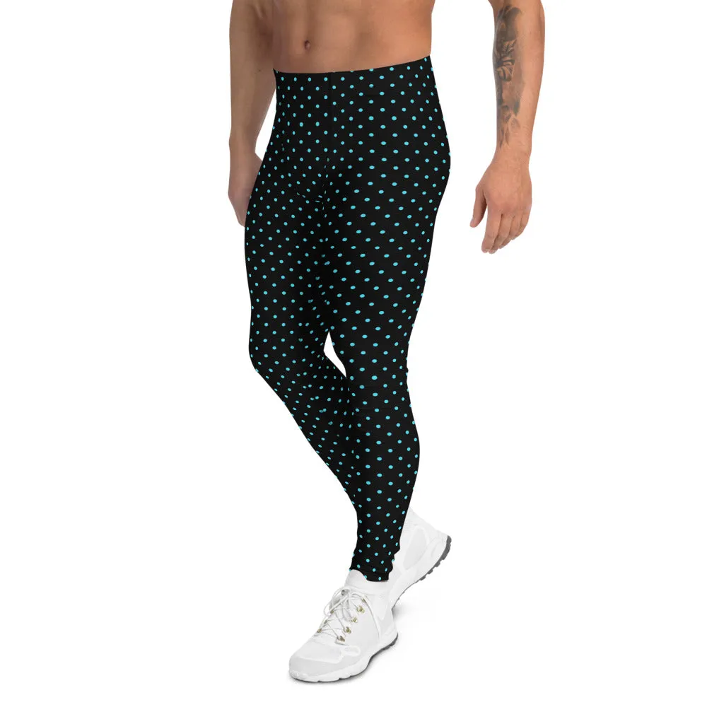 Blue Polka Dots Men's Leggings, Classic Dotted Black Run Tight Meggings-Made in USA/EU