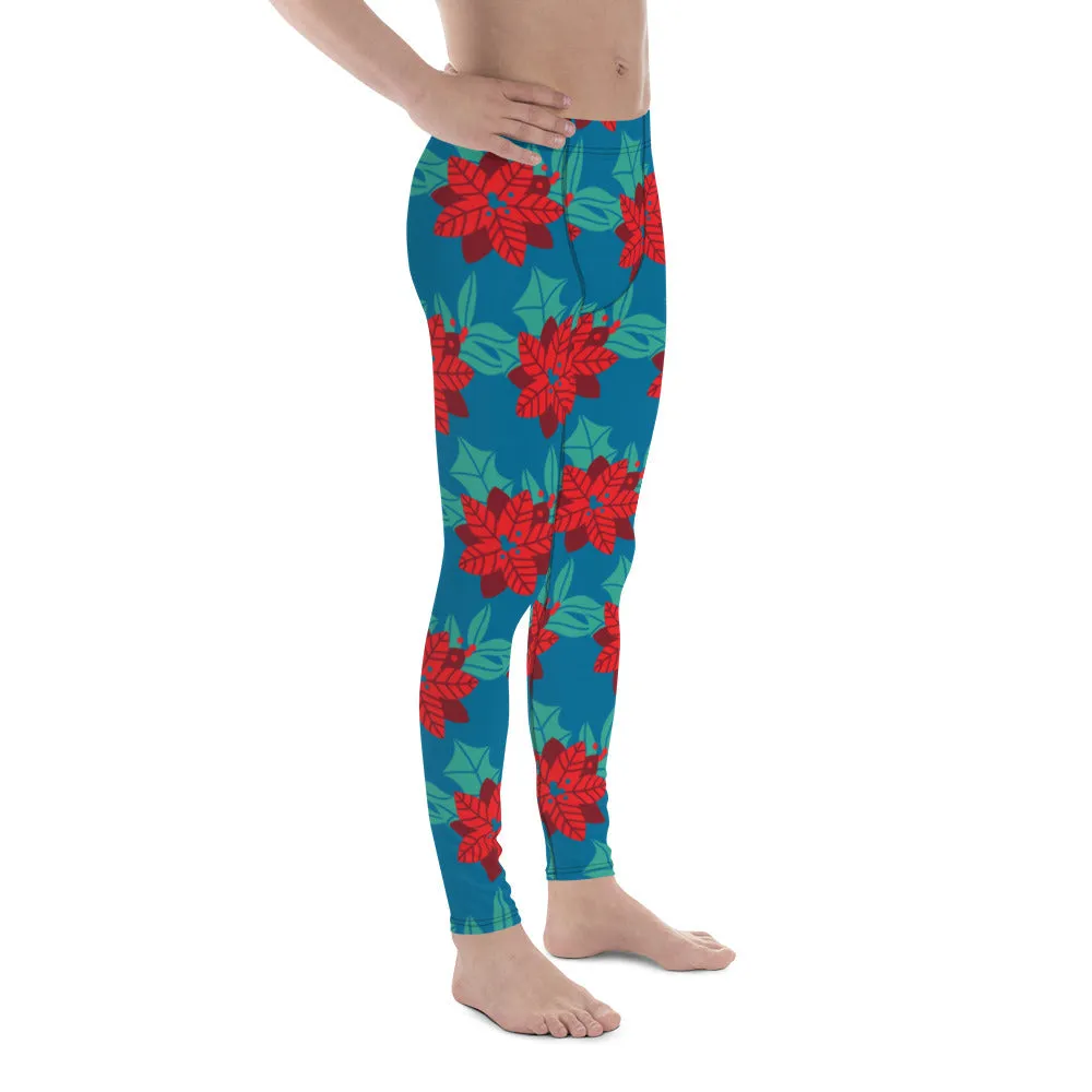 Blue Red Christmas Men's Leggings, Blue & Red Best Xmas Flower Designer Men's Leggings-Made in USA/MX/EU