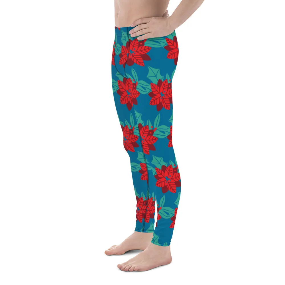 Blue Red Christmas Men's Leggings, Blue & Red Best Xmas Flower Designer Men's Leggings-Made in USA/MX/EU