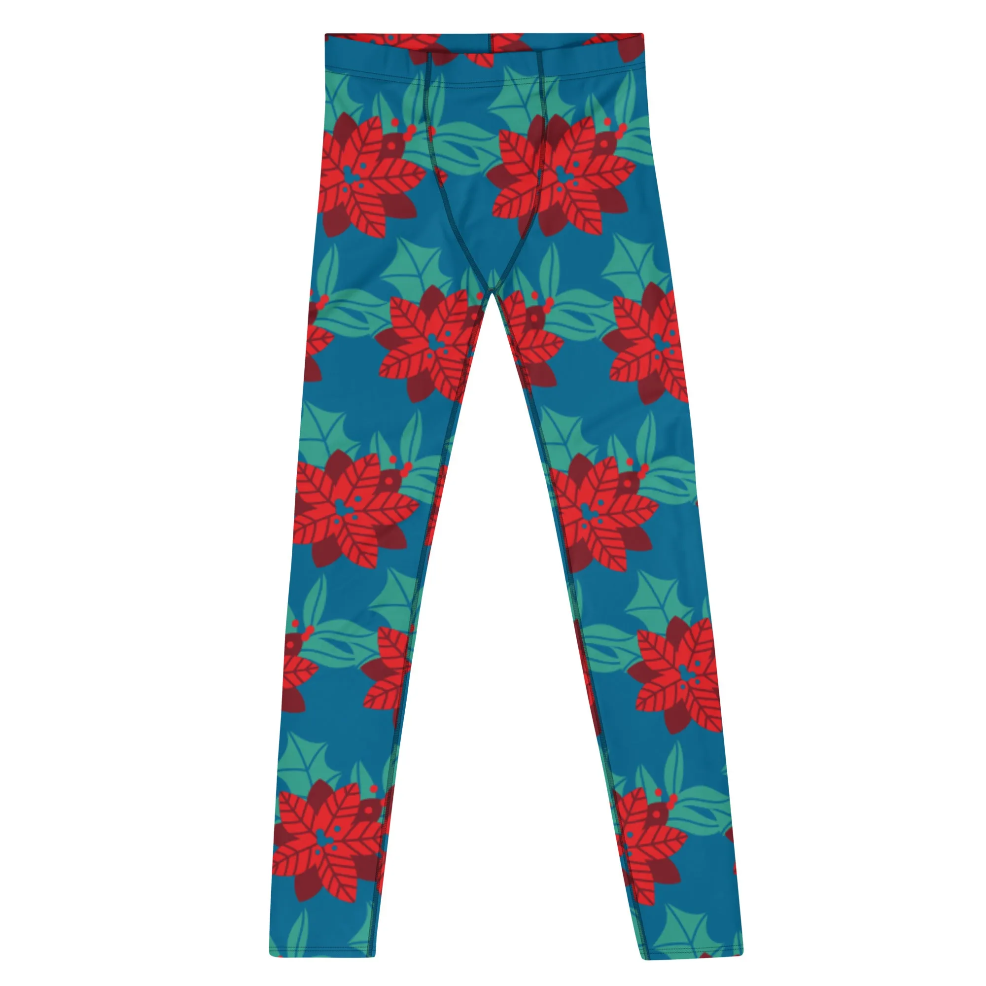 Blue Red Christmas Men's Leggings, Blue & Red Best Xmas Flower Designer Men's Leggings-Made in USA/MX/EU