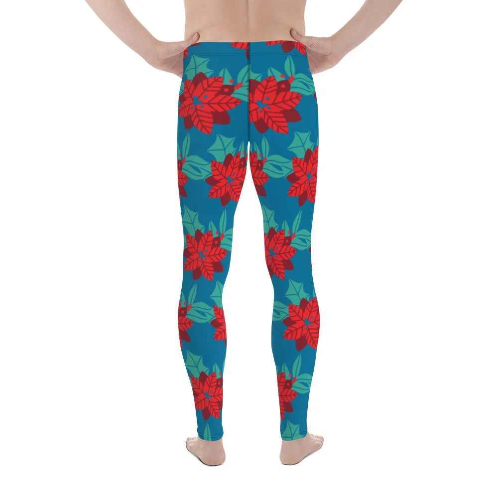 Blue Red Christmas Men's Leggings, Blue & Red Best Xmas Flower Designer Men's Leggings-Made in USA/MX/EU