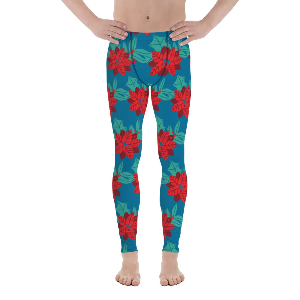 Blue Red Christmas Men's Leggings, Blue & Red Best Xmas Flower Designer Men's Leggings-Made in USA/MX/EU