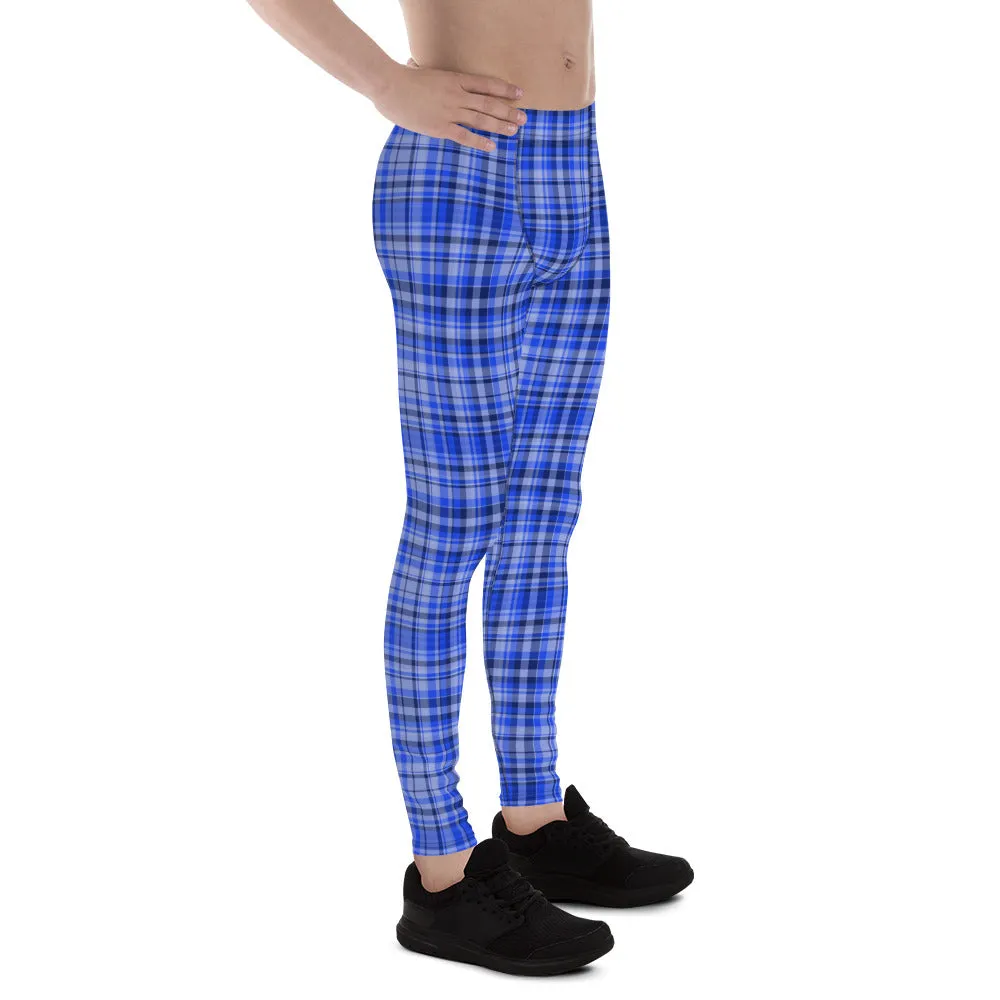 Blue Tartan Plaid Print Meggings, Men's Running Leggings Soft Tights- Made in USA/ EU