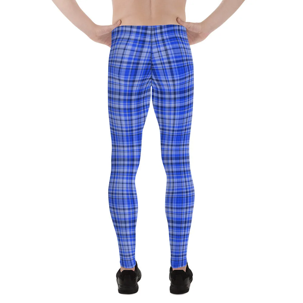 Blue Tartan Plaid Print Meggings, Men's Running Leggings Soft Tights- Made in USA/ EU