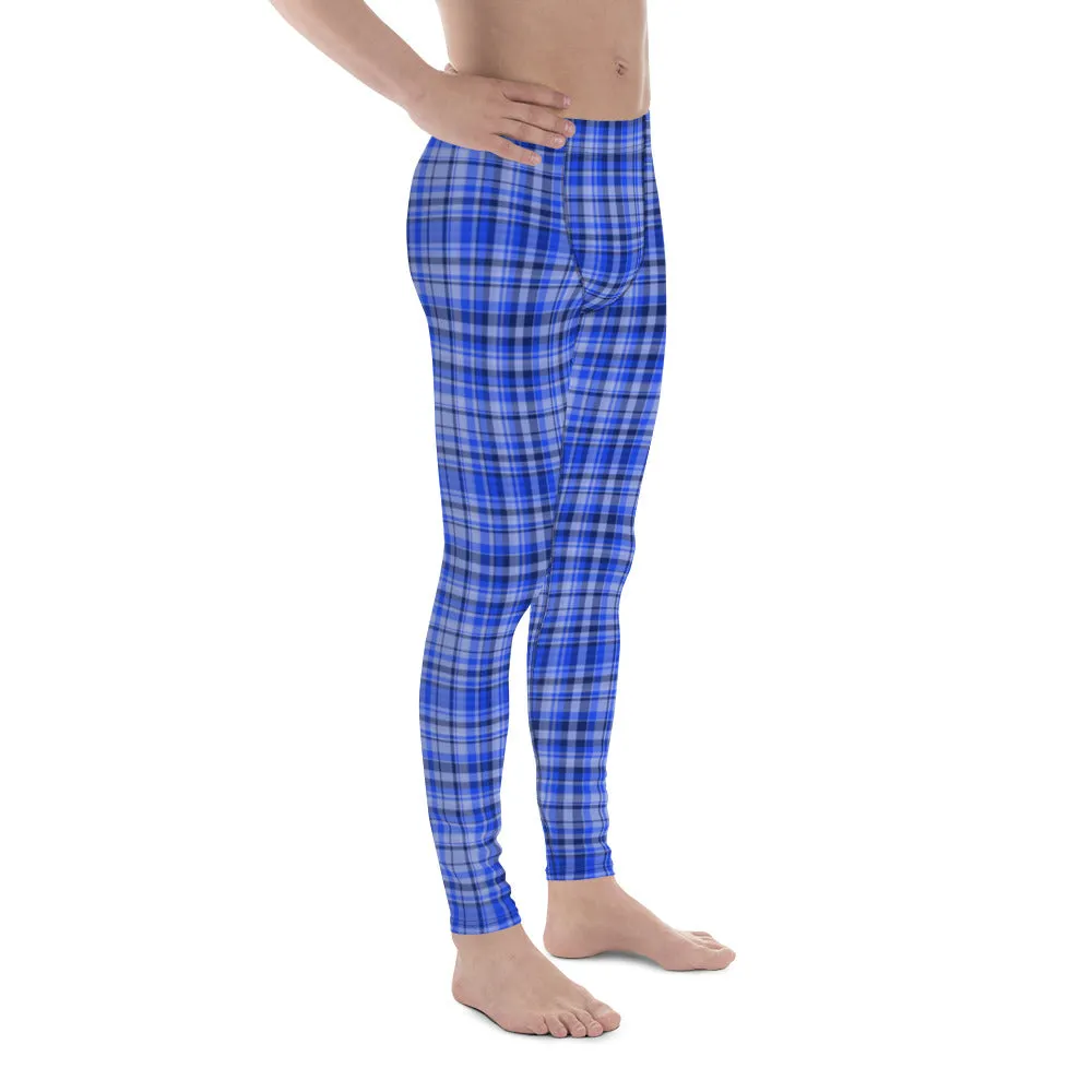 Blue Tartan Plaid Print Meggings, Men's Running Leggings Soft Tights- Made in USA/ EU