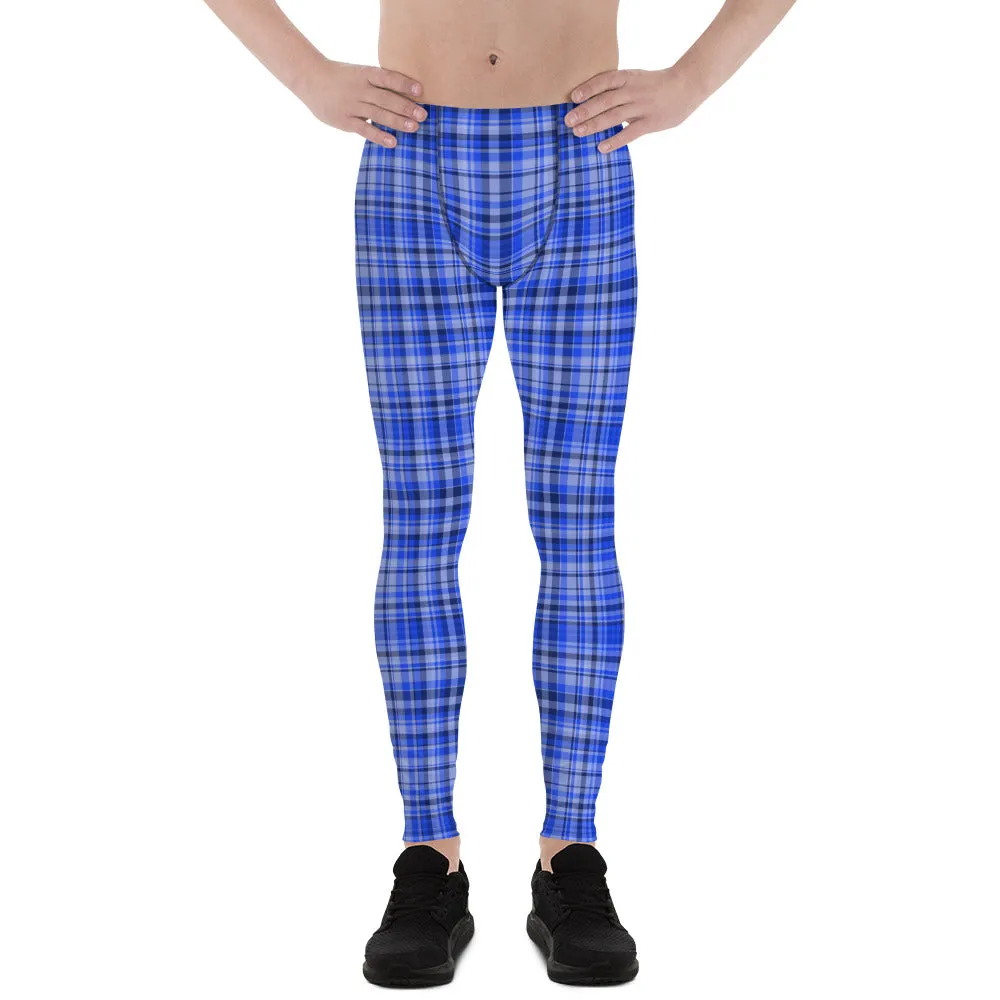 Blue Tartan Plaid Print Meggings, Men's Running Leggings Soft Tights- Made in USA/ EU