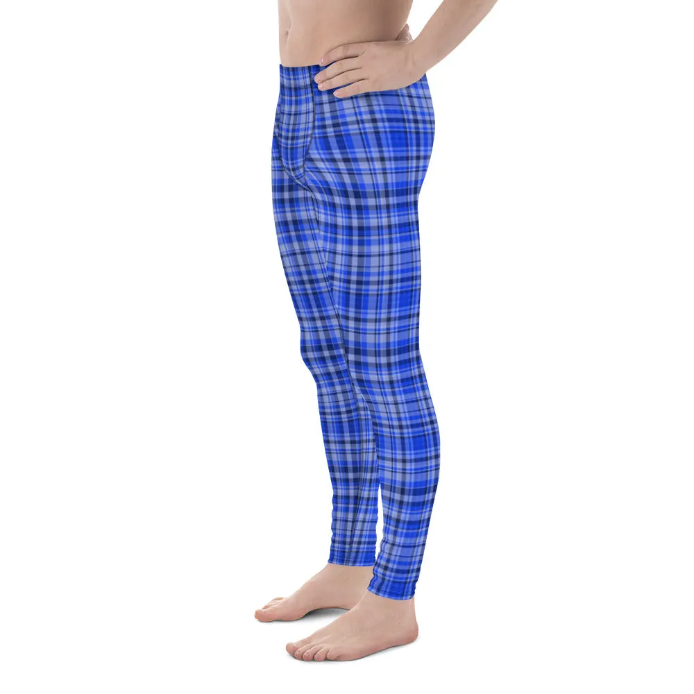 Blue Tartan Plaid Print Meggings, Men's Running Leggings Soft Tights- Made in USA/ EU