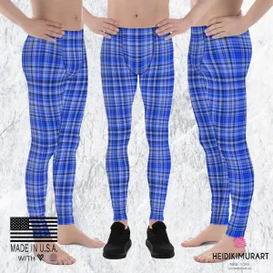 Blue Tartan Plaid Print Meggings, Men's Running Leggings Soft Tights- Made in USA/ EU