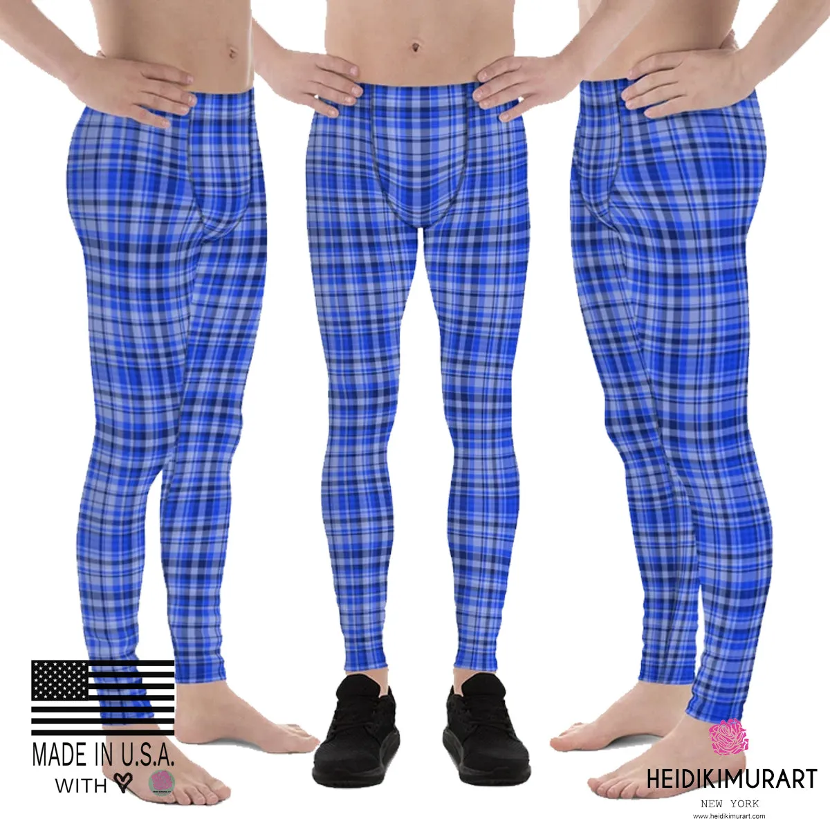 Blue Tartan Plaid Print Meggings, Men's Running Leggings Soft Tights- Made in USA/ EU