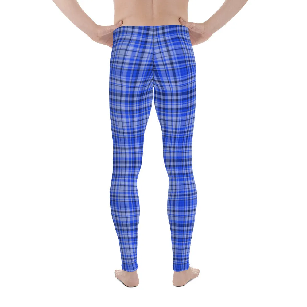 Blue Tartan Plaid Print Meggings, Men's Running Leggings Soft Tights- Made in USA/ EU