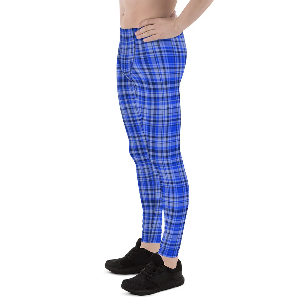 Blue Tartan Plaid Print Meggings, Men's Running Leggings Soft Tights- Made in USA/ EU