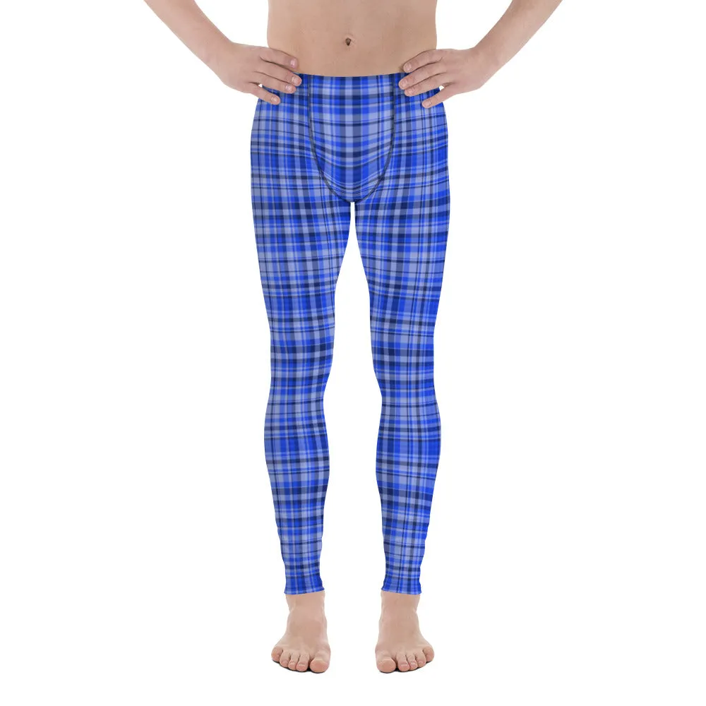 Blue Tartan Plaid Print Meggings, Men's Running Leggings Soft Tights- Made in USA/ EU